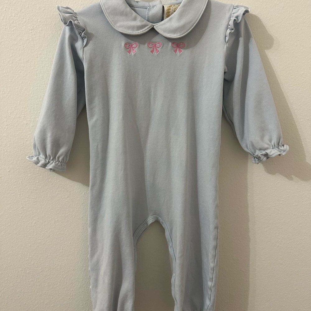 The Beaufort Bonnet Company Light Blue Footed One-Piece with Pink Bow Embroidery